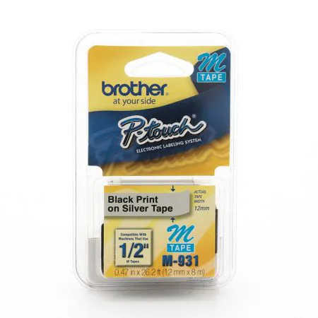 Fita para rotulador M931 Prata escrita Preto 12mm - Brother