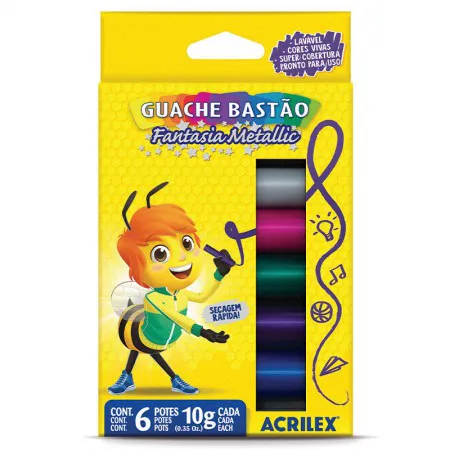 Tinta guache bastão Fantasia Metallic 6 cores 02009 - Acrilex