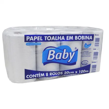 Papel toalha bobina 100% Celulose Virgem 20x100 com 8 rolos - Baby