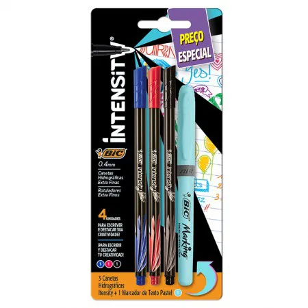 Kit escrita Intensity marca texto Azul com 4 itens - Bic