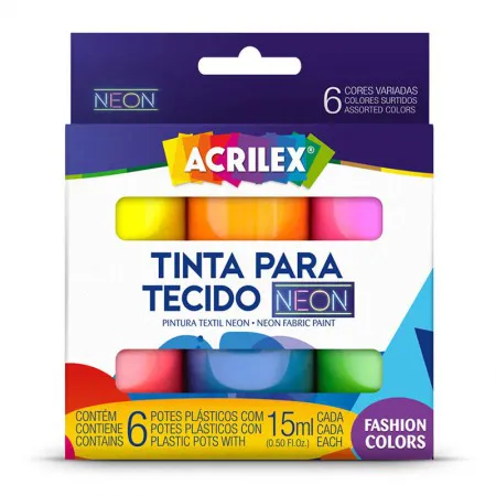 Tinta para Tecido Neon 6 cores 15ml 04006 - Acrilex