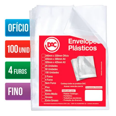 Envelope plástico ofício 0.06 4 furos 5070 pacote com 100 unidades - Dac