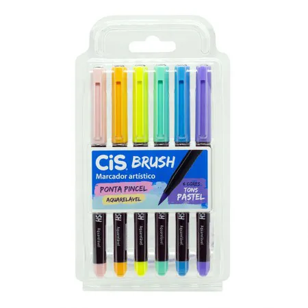 Caneta pincel Brush Aquarelável - com 6 cores tons pastel - Cis