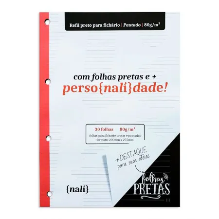 Bloco para fichário universitário pautado Preto 4 furos 30 fls - Nali