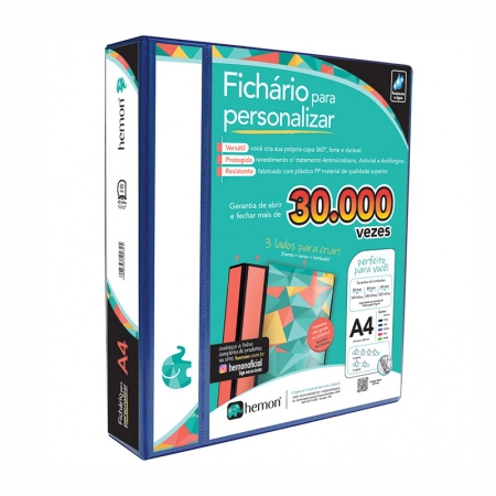 Fichário revestido com cristal A4 Azul 60mm 0249-3 com 4 argolas - Hemon