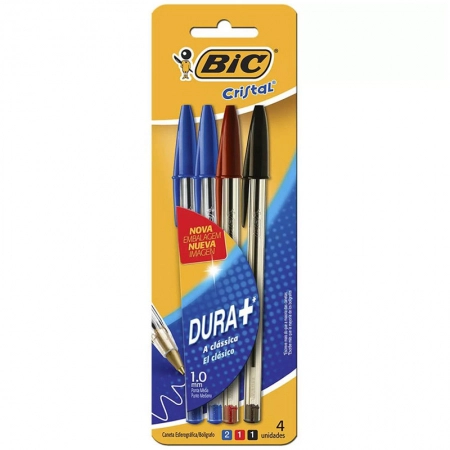 Caneta esferográfica Cristal 1.0 AZ/PT/VM com 4 unidades - Bic