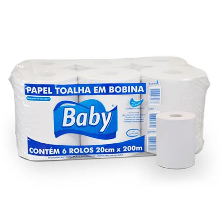 Papel toalha bobina 100% Celulose virgem 20x200 com 6 rolos - Baby