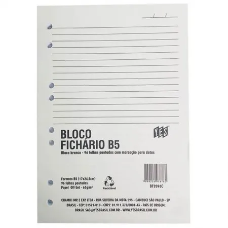 Bloco para fichário colegial 8 furos 96 fls - Yes