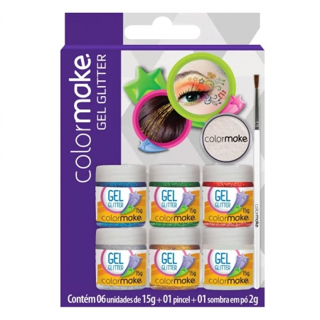 Glitter em gel facial 6 cores 1 pincel e sombra em pó 2002 - Colormake