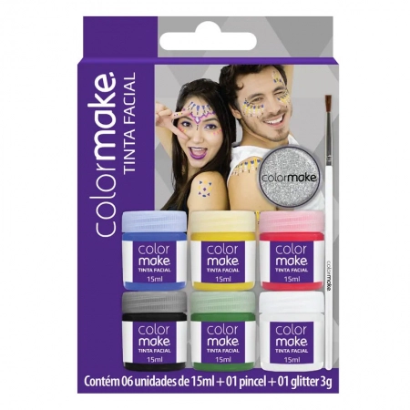 Tinta líquida facial 6 cores 1 pincel + glitter 1000 - Colormake