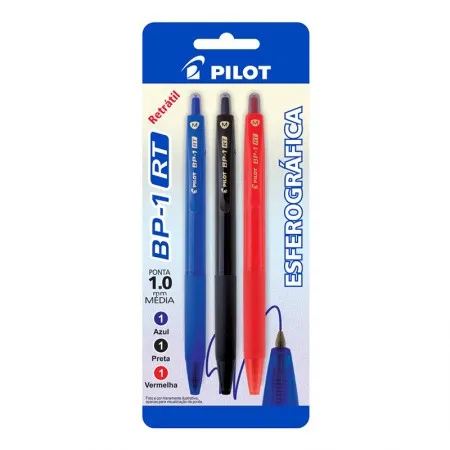 Caneta esferográfica 1.0 retrátil BP-1 RT com 3 unidades AZ/PT/VM - Pilot