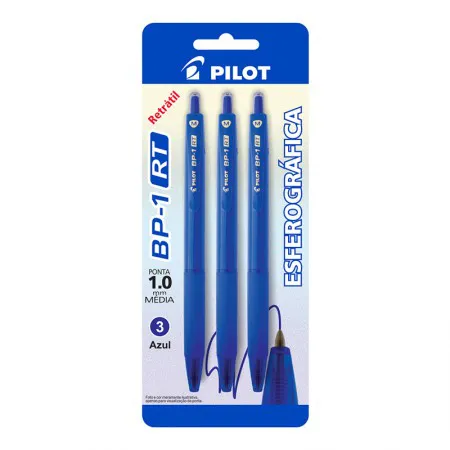 Caneta esferográfica 1.0 retrátil BP-1 RT com 3 unidades Azul - Pilot