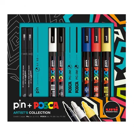 Caneta Posca + Pin Artists Collection - estojo com 7 unidades - Uni-Ball