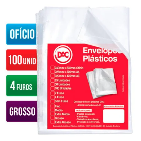 Envelope plástico ofício 0.15 4 furos 5076 pacote com 100 unidades - Dac
