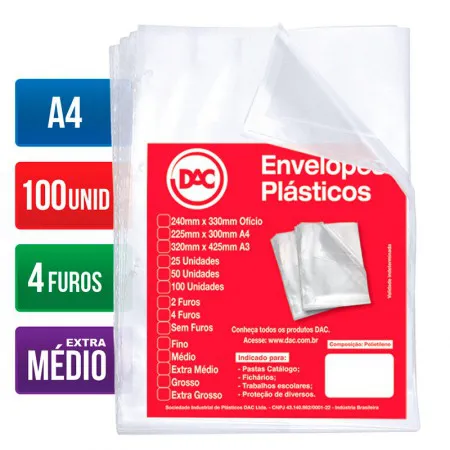 Envelope plástico A4 0.12 4 furos 5178A4 pacote com 100 unidades - Dac