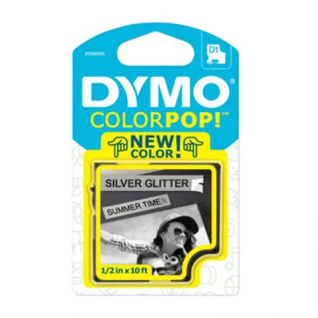 Fita para rotulador Color Pop prata glitter com escrita preta 12mm - Dymo