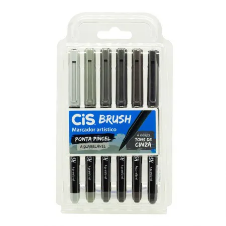Caneta pincel Brush Aquarelável - com 6 cores tons de cinza - Cis