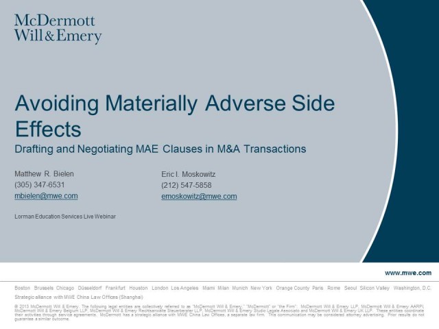 Avoiding Materially Adverse Side Effects:  Drafting and Negotiating MAE Clauses