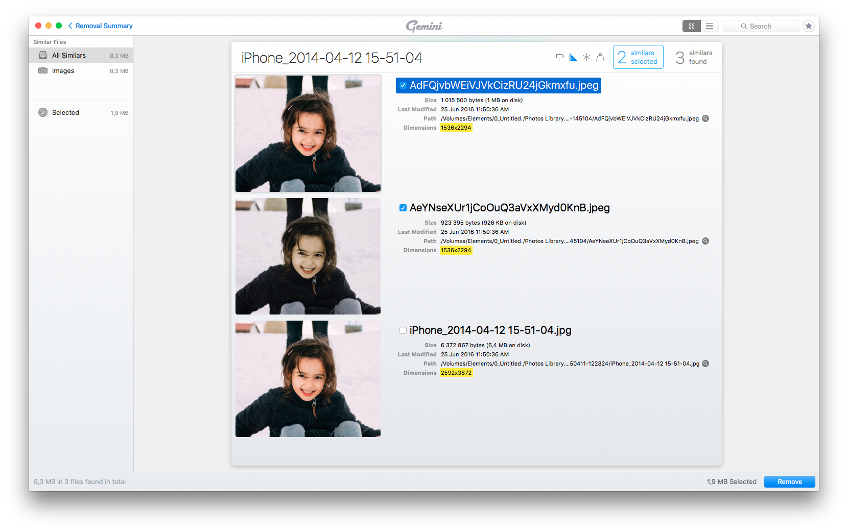 Using the detail view showing diverging parameters (highlighted) it's easy to choose the best file to keep.