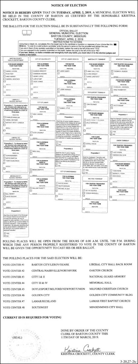 2019: 3-20 & 27 BC Clerk-April Ballot