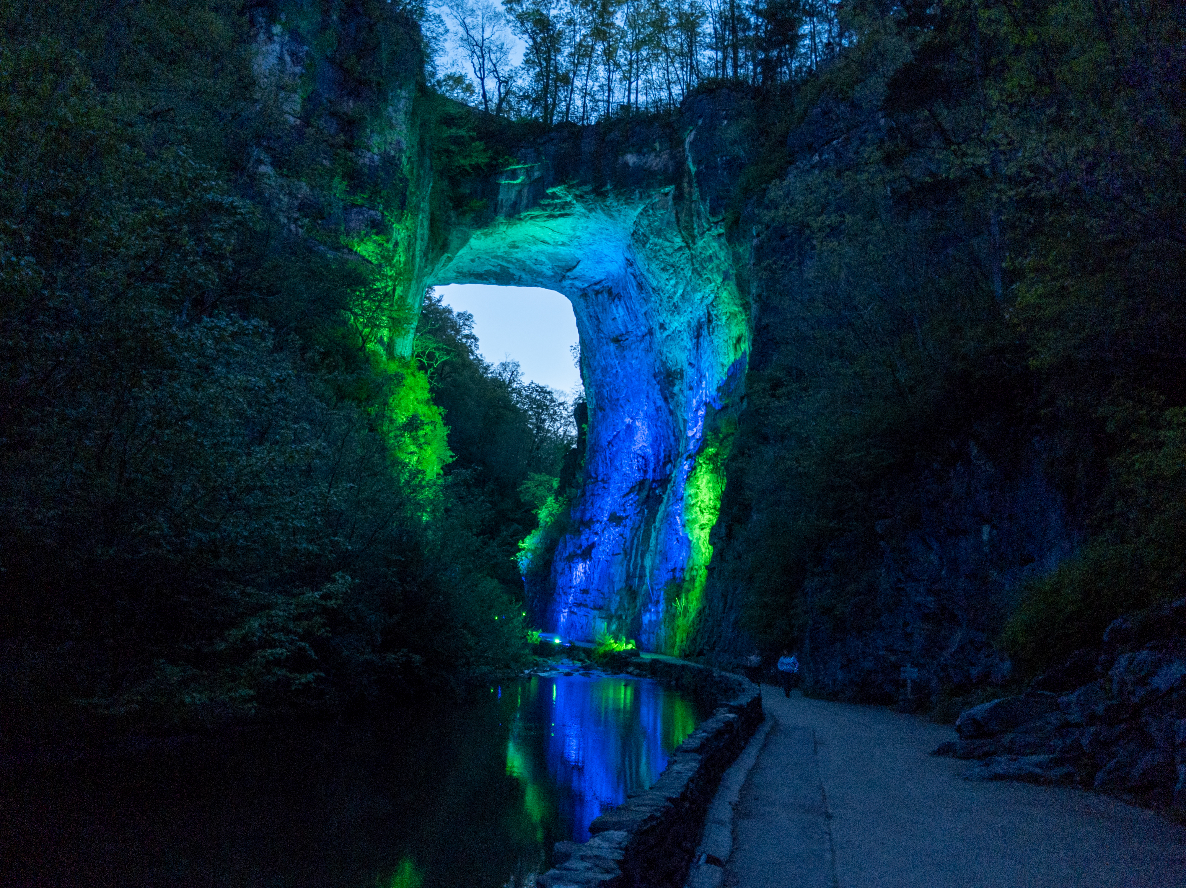 Natural Bridge illuminated at night in spring