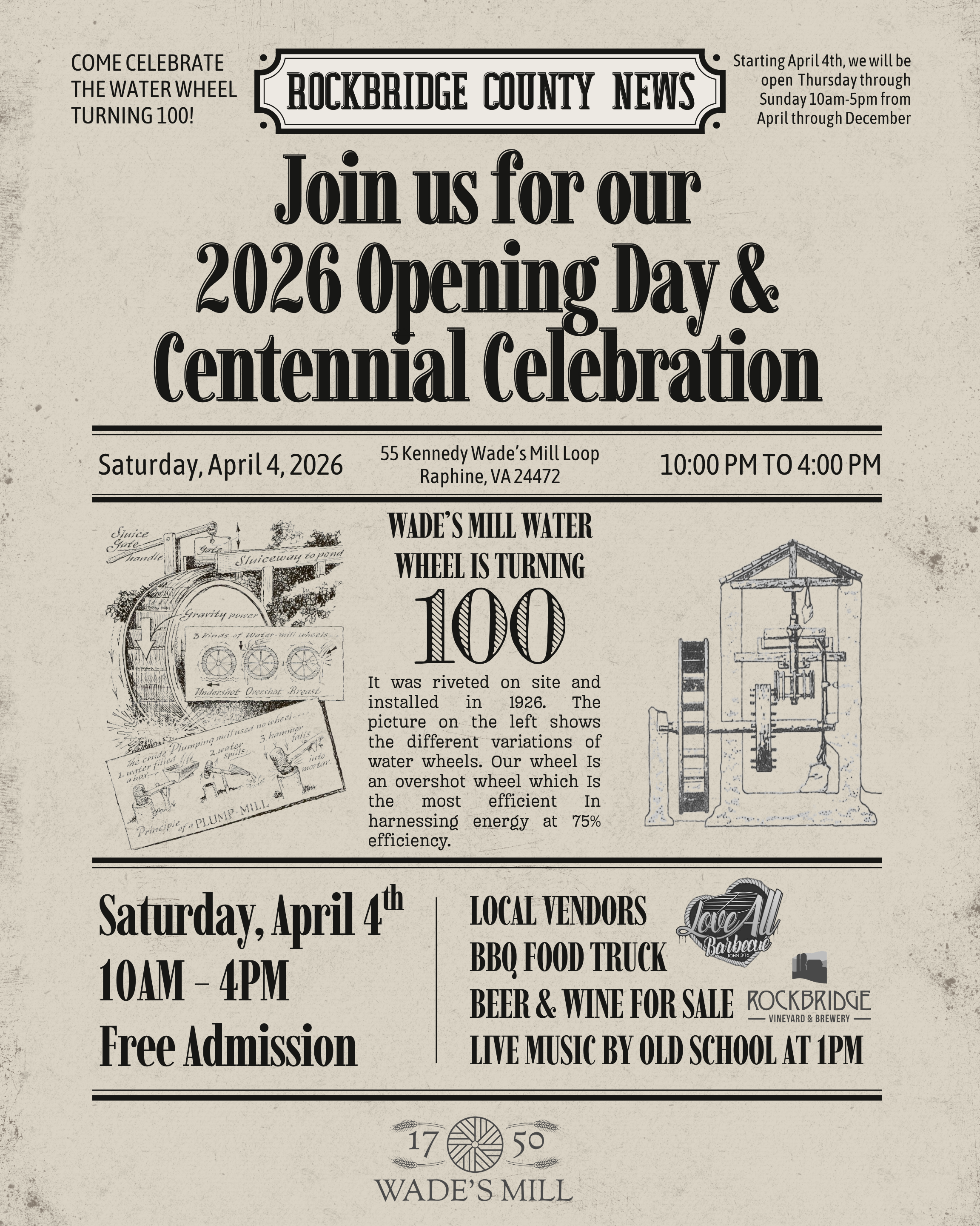 Wade's Mill 2026 Opening Day & Centennial Celebration