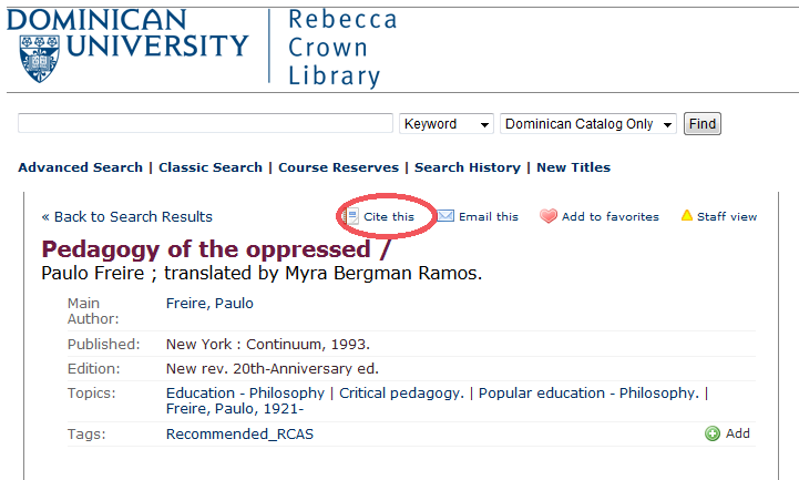 Rebecca Crown Library Catalog Citations Citation Style