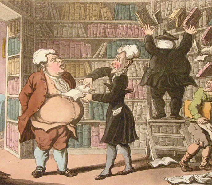 Cartoon: Two, ridiculous old Englishmen in Wigs in a library arguing over a book.  In background, books falling off shelves on a man.