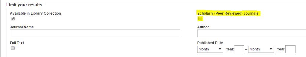 Screenshot of Advanced Search Screen Limit Your Results section with Scholarly Journals highlighted