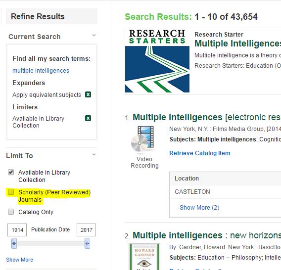 Screenshot of OneSearch Results page Refine Results area with Scholarly Journals highlighted