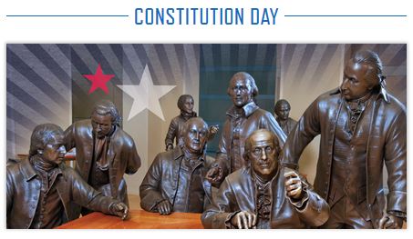 Constitution Day with image of bronze statues of the signers of the Declaration of Independence 