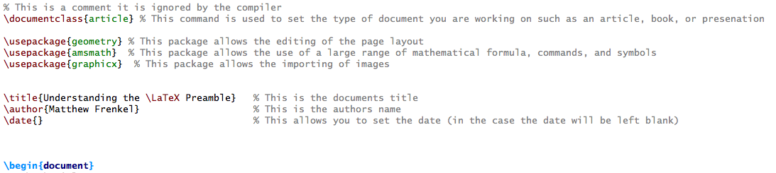 Image of LaTeX code showing the preamble of a document. 