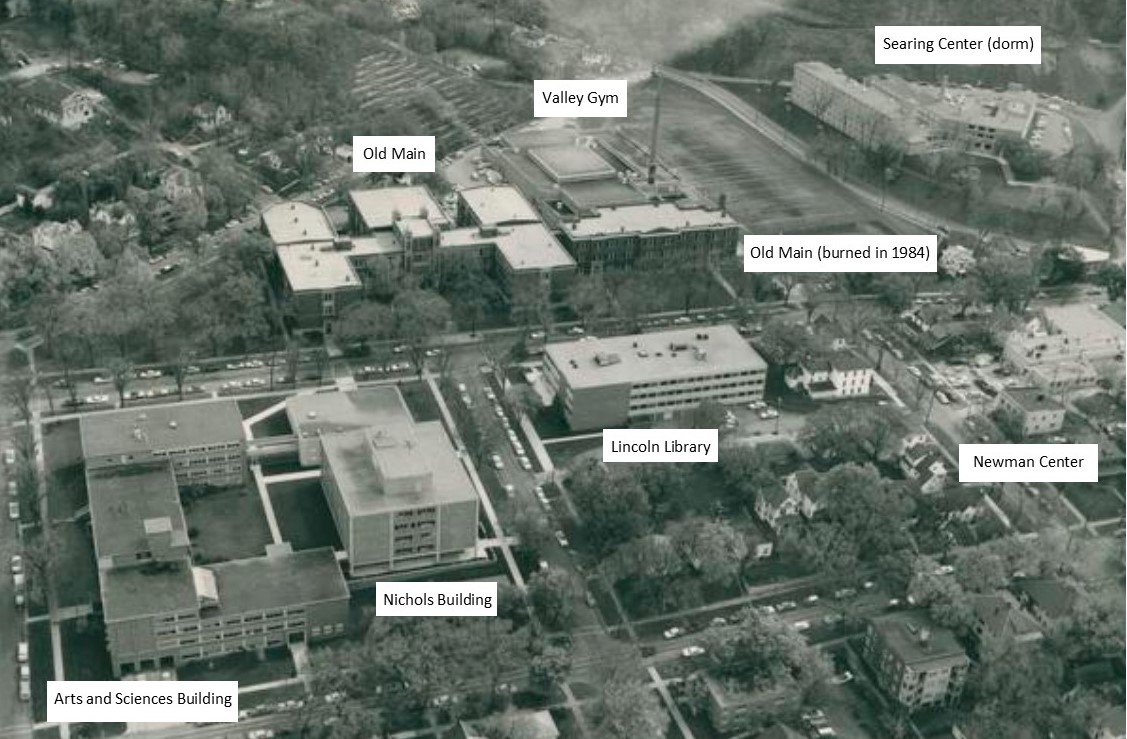 Archival image of the buildings on the lower campus.