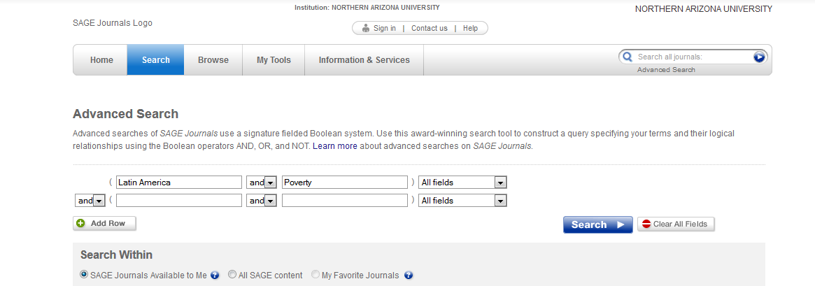 example of search bar on Sage Journals 