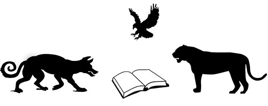 Illustration of a coyote, panther, and eagle clustered around an open book