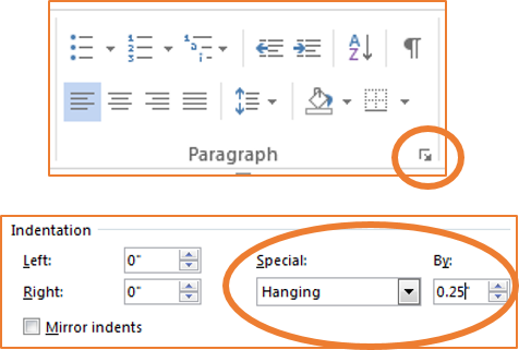 Screenshot of how to create a hanging indent in Word.