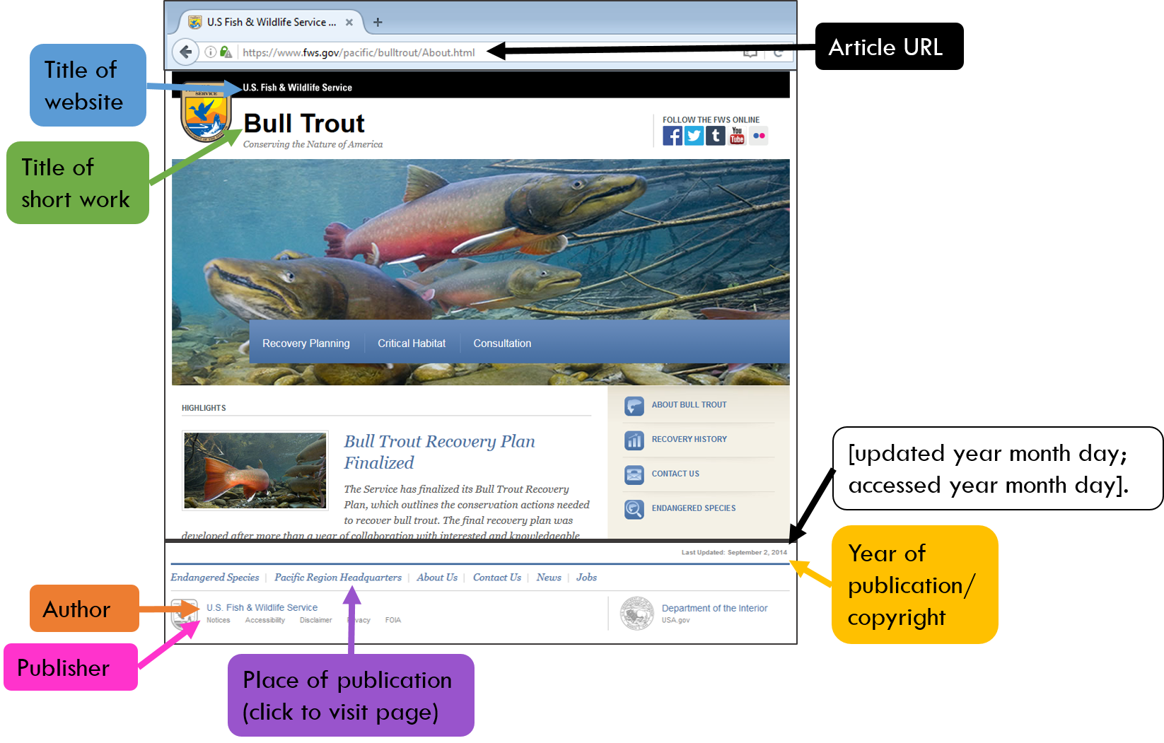 Picture of website with labels for each part of the citation. Click to visit the website.