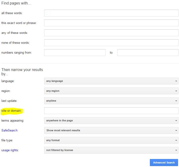 Example image of a Google Advance search