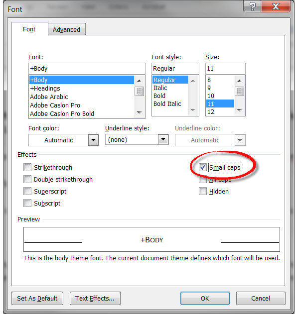 Small Caps option in Word