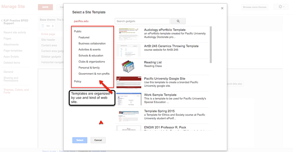 sites more themes drop down menu image