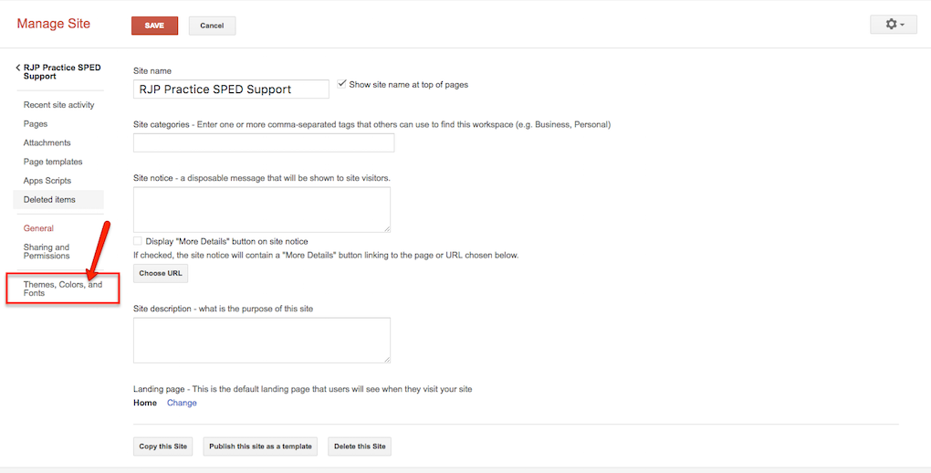 google sites image themes fonts and colors