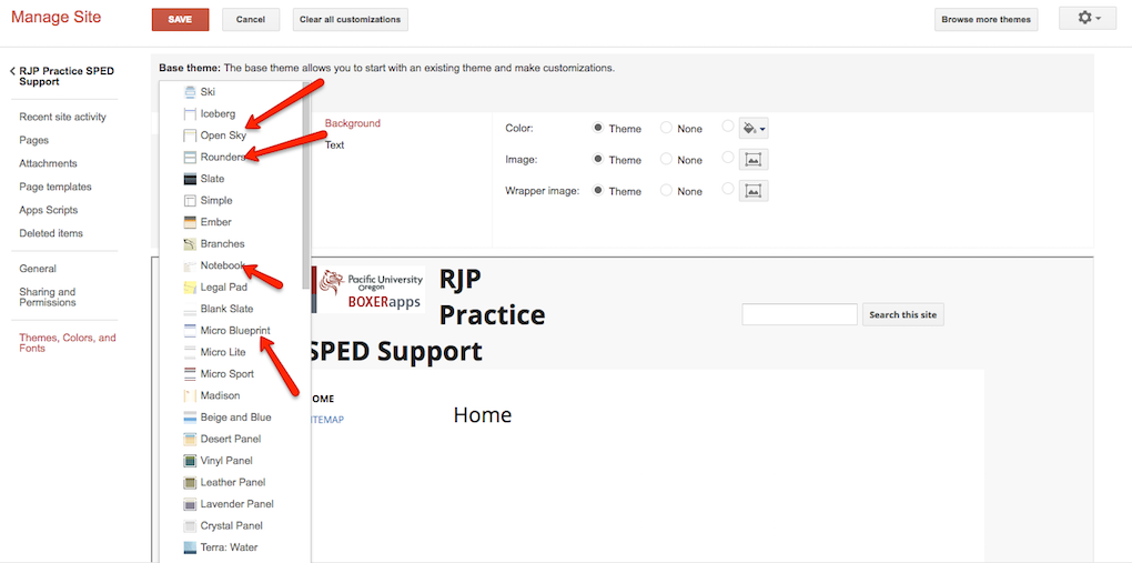 sites base menu options drop down