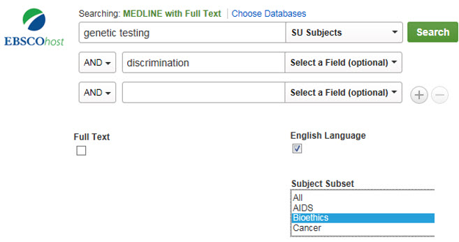 Shows search for genetic testing in Subjects field and discrimination with limiters for English language and subject subset Bioethics