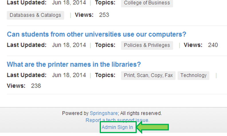 Screen shot of Admin log in link at bottom of BUAnswers page