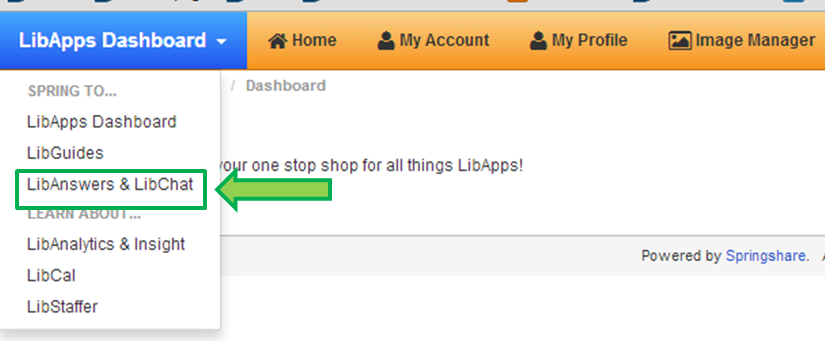 Screen shot of LibAnswers & LibChat options within LibApps Dashboard