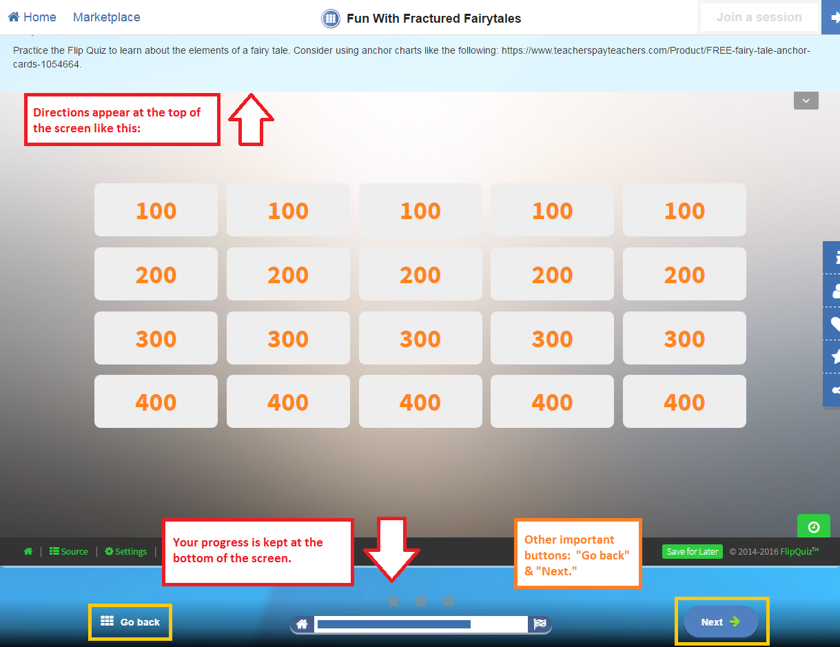 Read the directions at the top of the screen. Track your progress at the bottom of the screen.