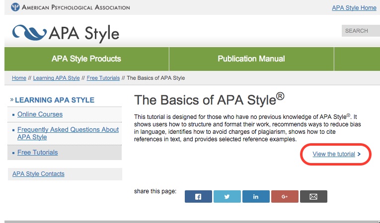 Screenshot of the APA Website with the description and link to the Basics of APA Style tutorial