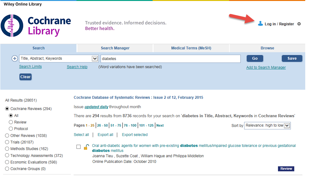How do I log into the Cochrane Library? How do I create an account for