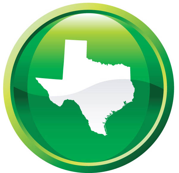 Texas map outline in green circle