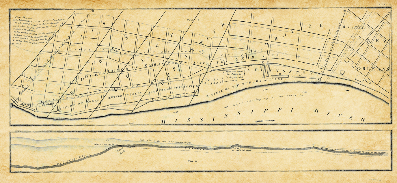 An 1813 map of New Orleans and the Mississippi River.